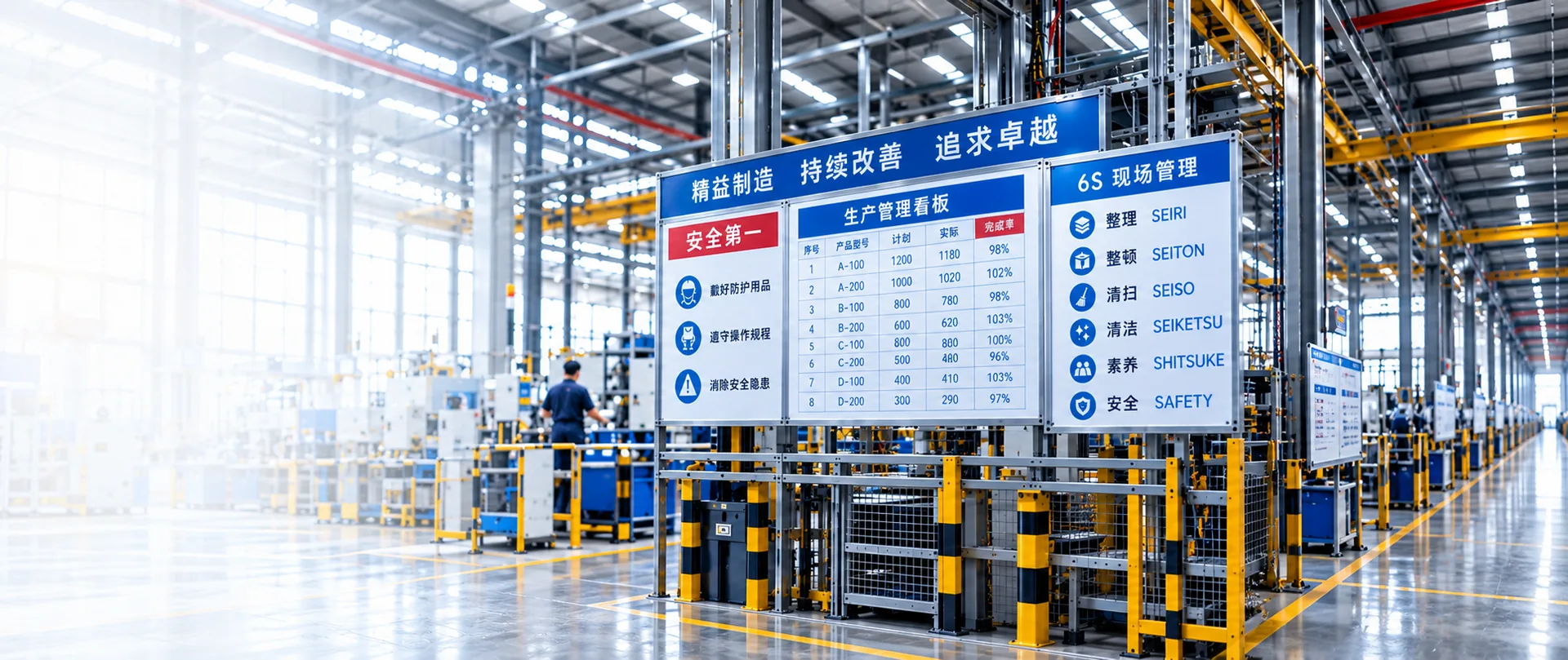 AI 概念视觉:明亮工业车间中的生产管理与 6S 目视化看板,非实际客户项目
